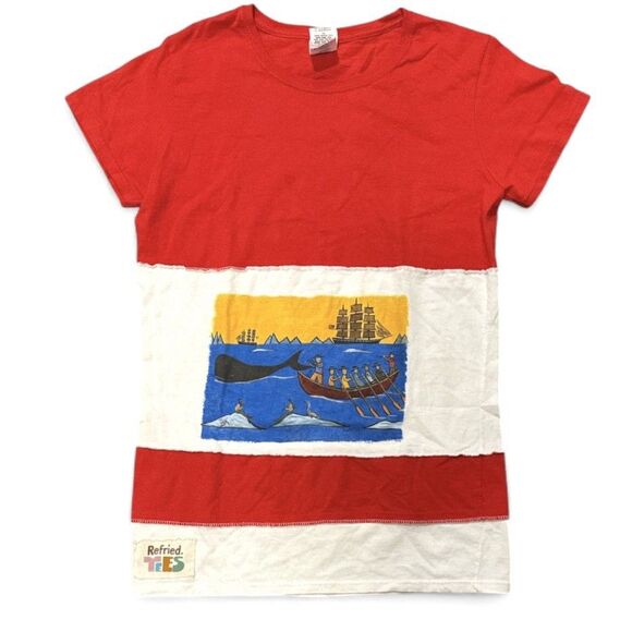 Upcycled T Shirt Refried Tees Patchwork Women’s M Nautical Art Handmade - Picture 1 of 10